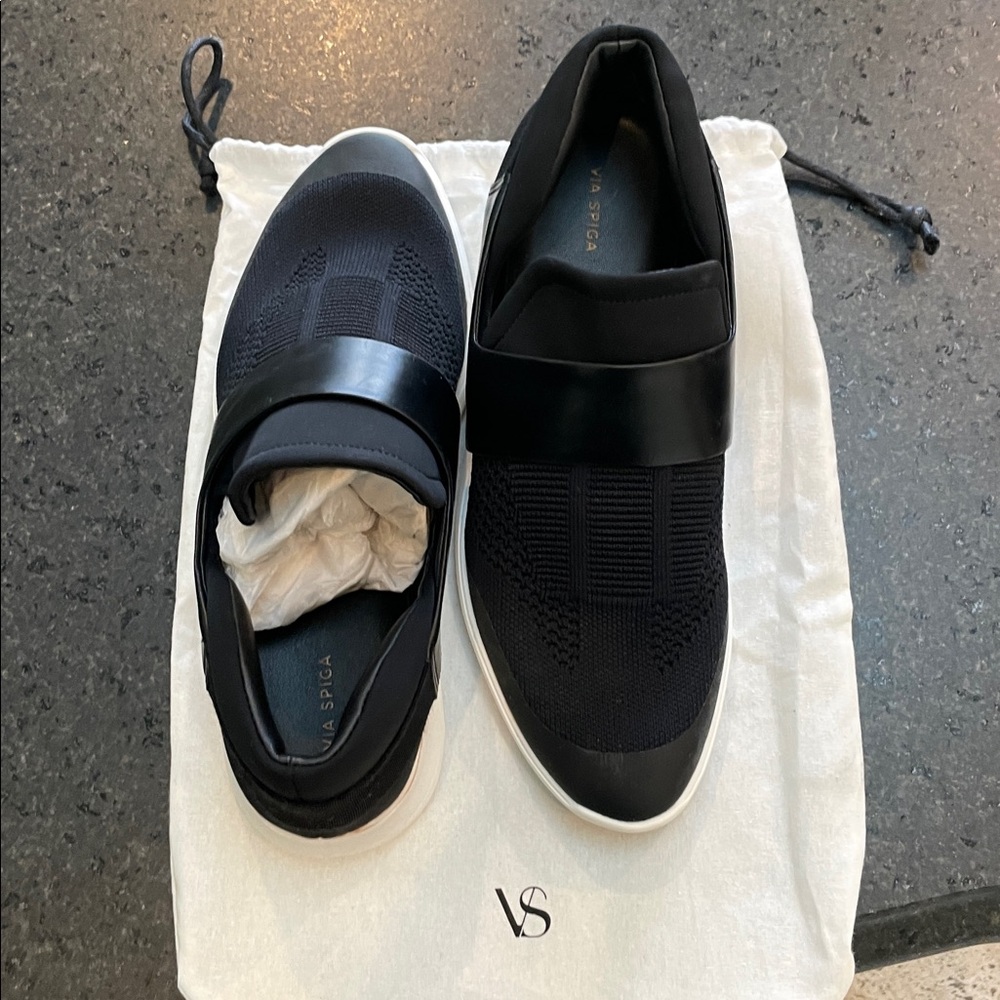 Brand New Via Spiga Black Leather and Knit Sneakers, 8.5 - Picture 8 of 10